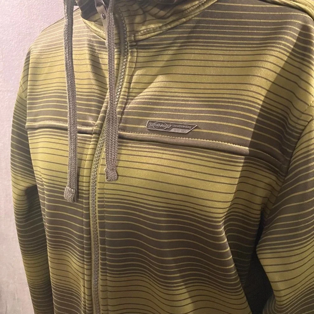Sims Snowboarding Mens Small Full Zip Hoodie Striped Fleece Jacket Olive Green - Picture 2 of 10